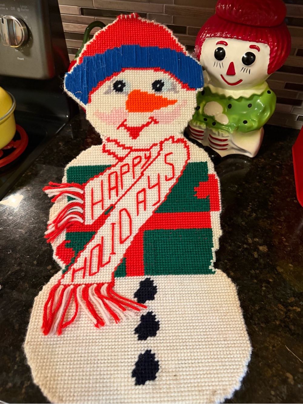 Vintage Large Cross Stitch Handmade Snowman Hanging 22"